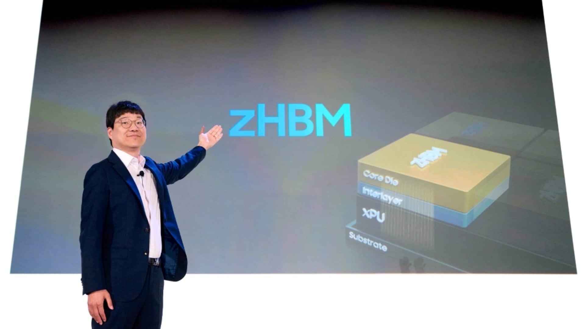 Samsung executive explaining the zHBM chip concept at the Future of Memory and Storage 2026 expo keynote