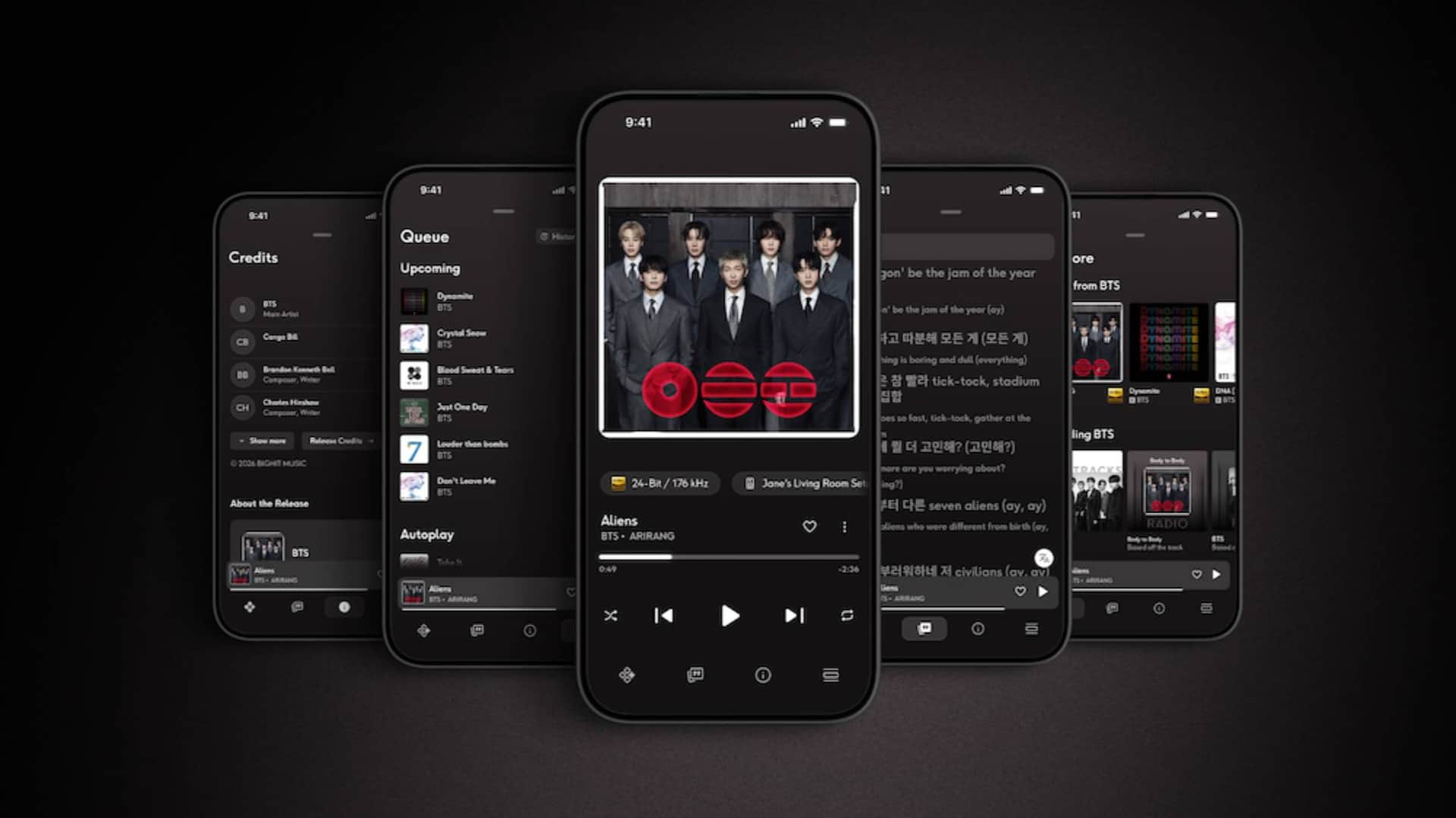 Five smartphones with different pages of the Qobuz app