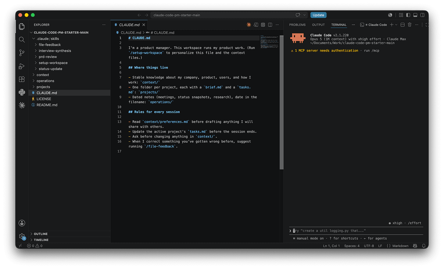 VS Code with the workspace files on the left and Claude Code running in a terminal moved to the right side.