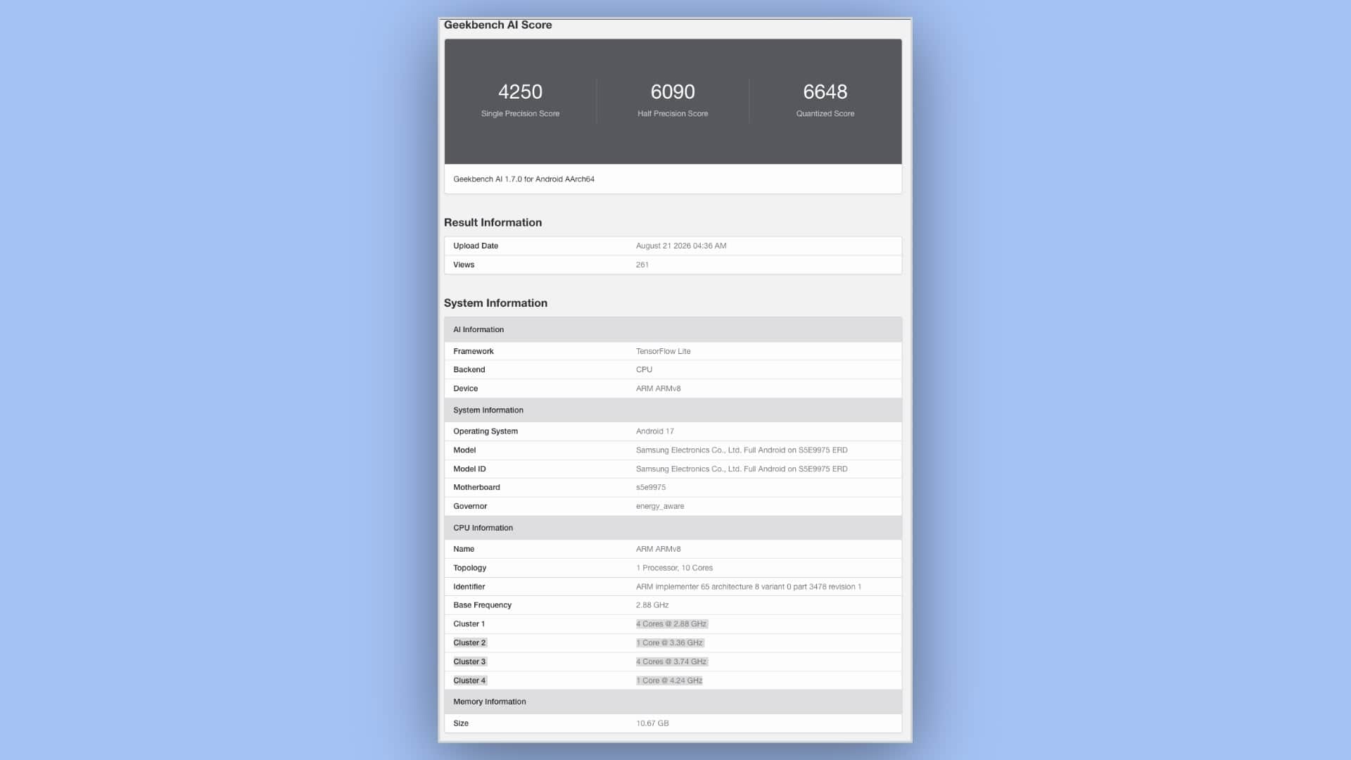 Samsung Exynos 2700 Geekbench AI 1.7 performance score database