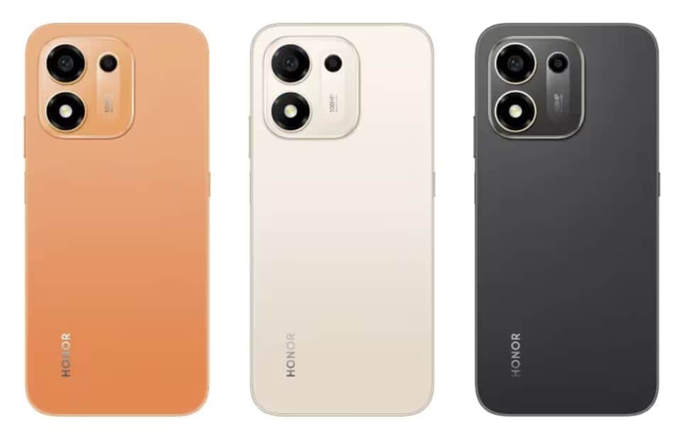 Three Honor X7e Plus smartphones in different colors showing their large camera modules