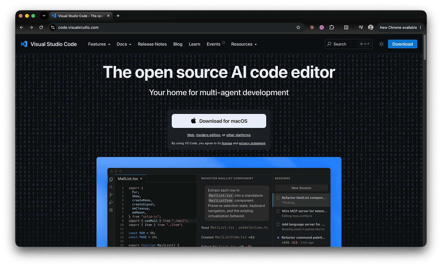 Screenshot of the VS Code download page with the download button for the user’s operating system highlighted.