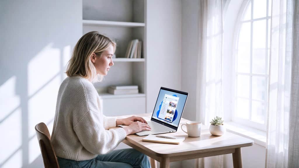 A person sits at a wooden table using a laptop beside a coffee cup and small plant in a bright room.