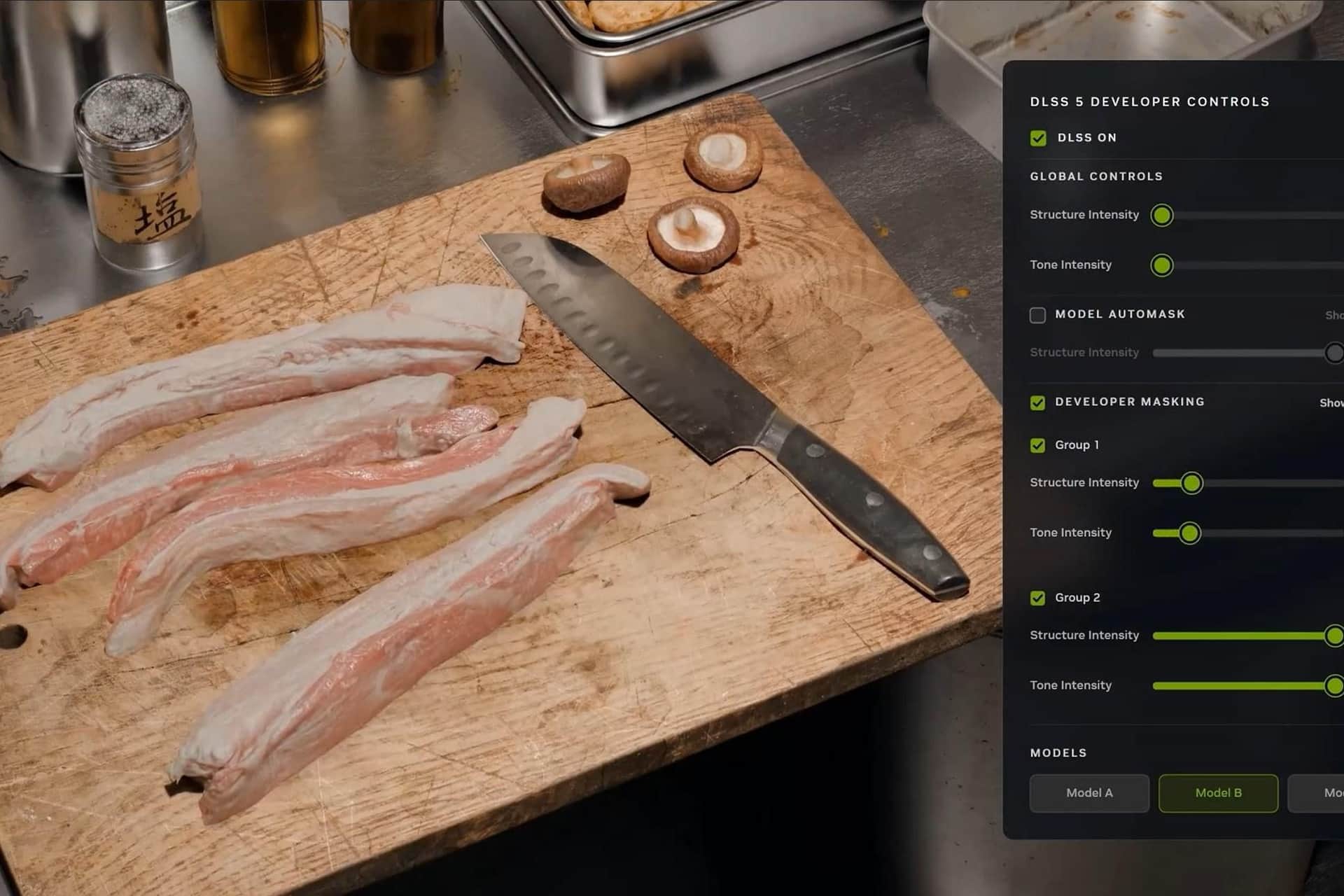 DLSS 5 comparison showing its effect on food and shadows — Nvidia