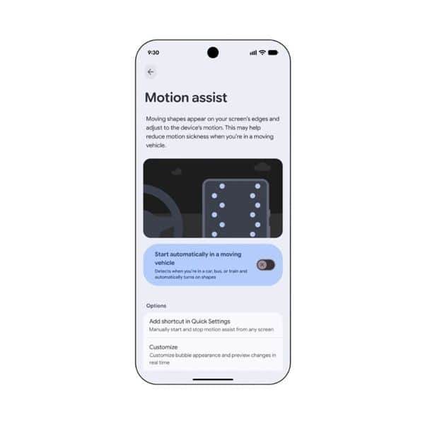 Google’s Motion Assist displays moving bubbles along the edge of an Android 17 phone to help reduce motion sickness — Image credit: Google