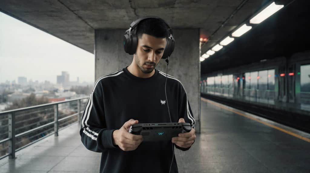 A young man wearing headphones stands at a subway station holding a handheld gaming device and looking at its screen.