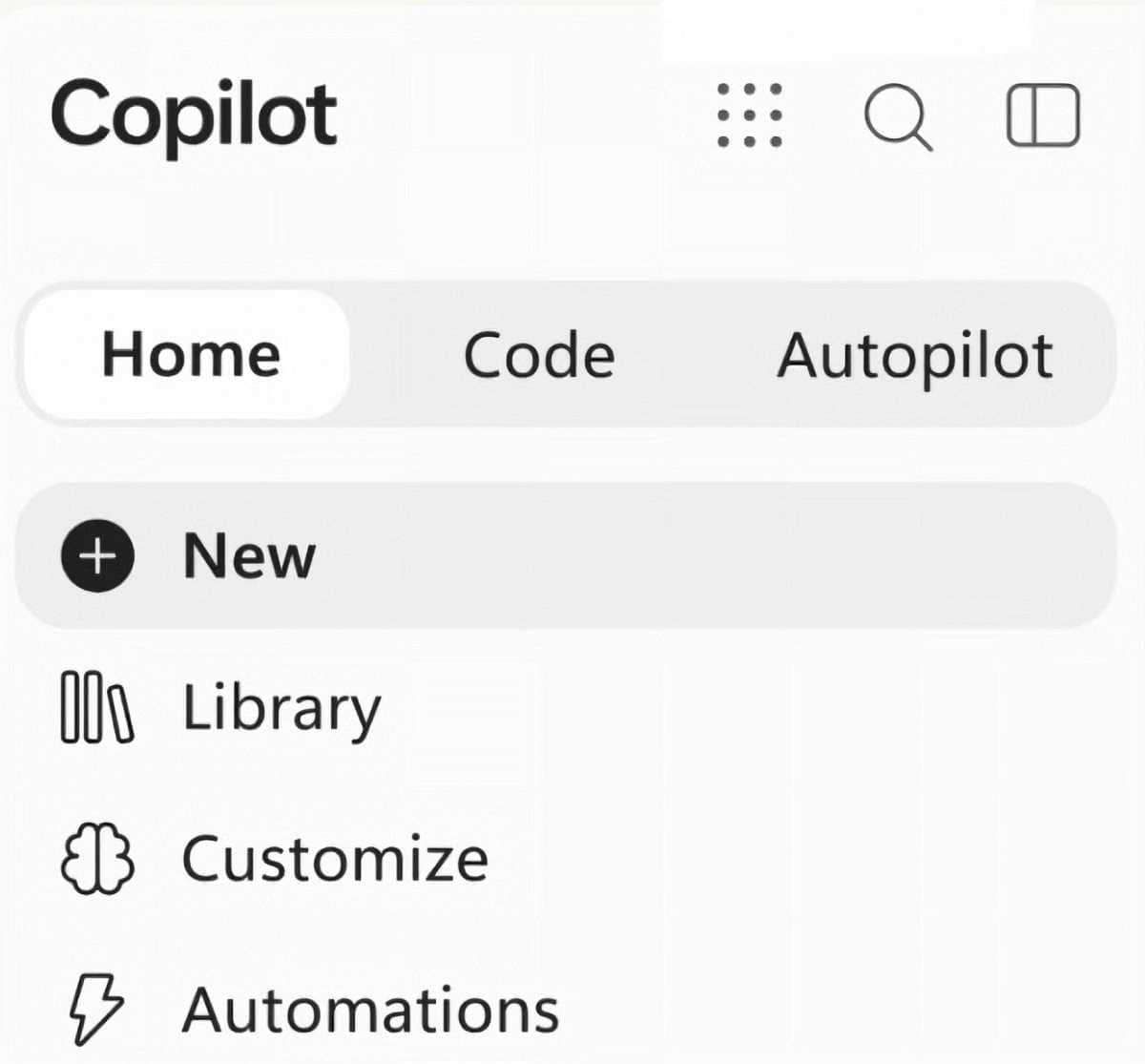 Microsoft Copilot snippet large — Microsoft’s new menu options for the Copilot application.