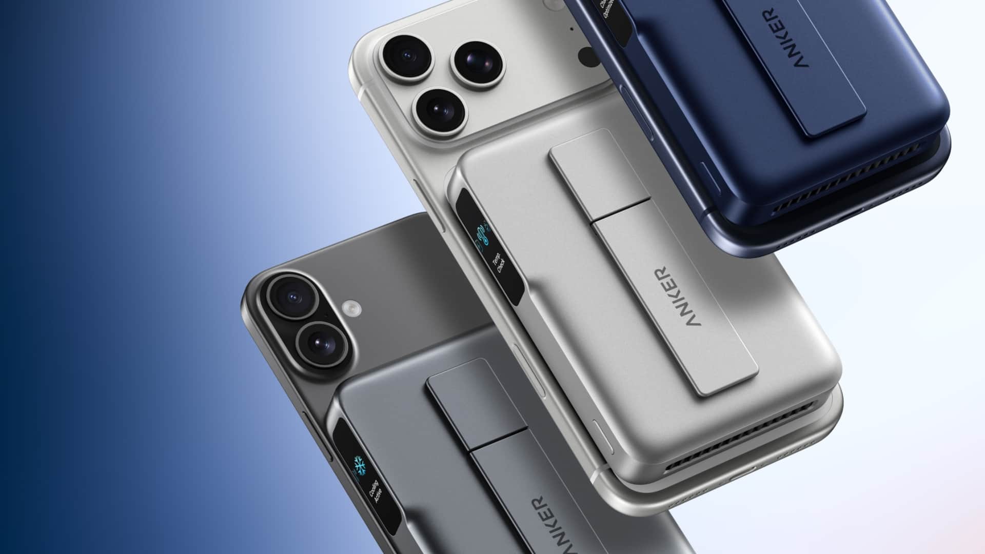 The Anker MagGo Power Bank Pro 2 on the back of three smartphones — Image credit: Anker