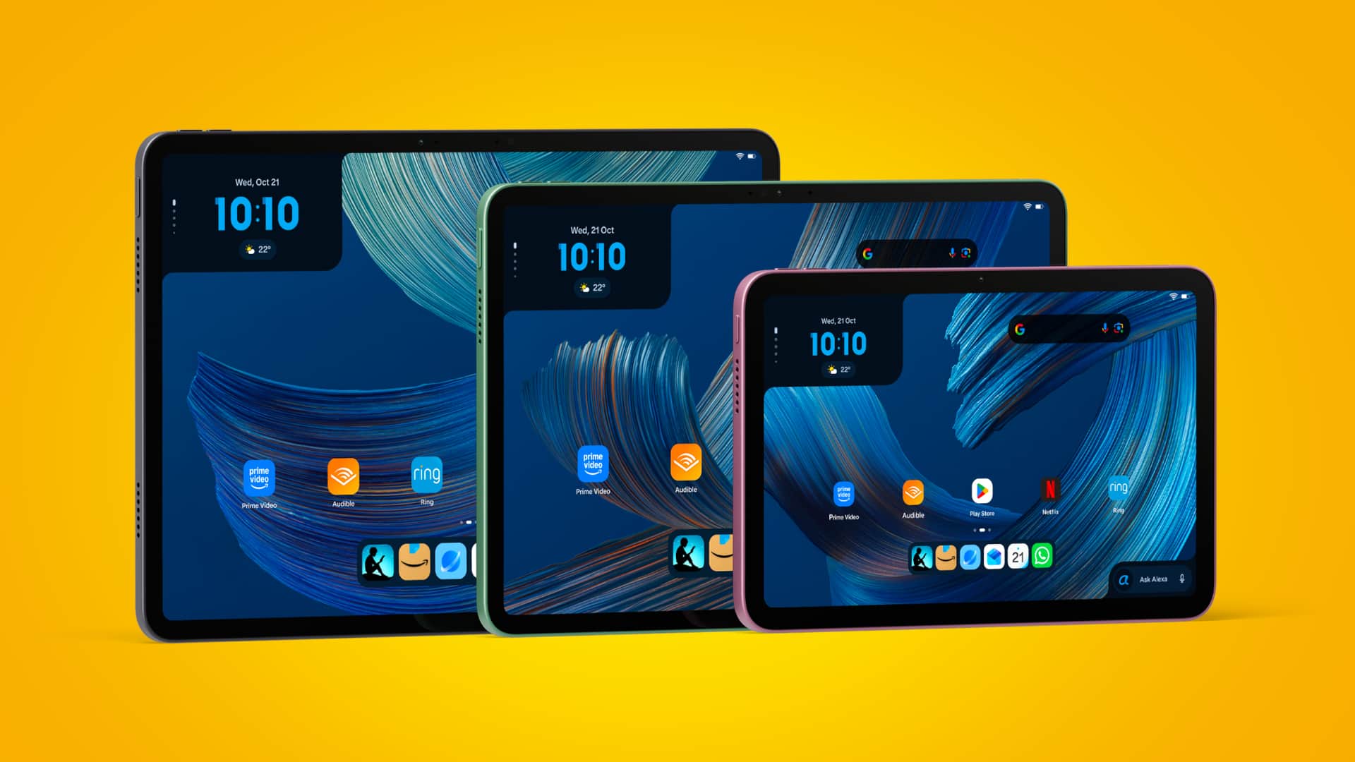 The full Amazon Alexa Tablet range on a yellow background — The full Amazon Alexa Tablet range. Image credit: Amazon / Future