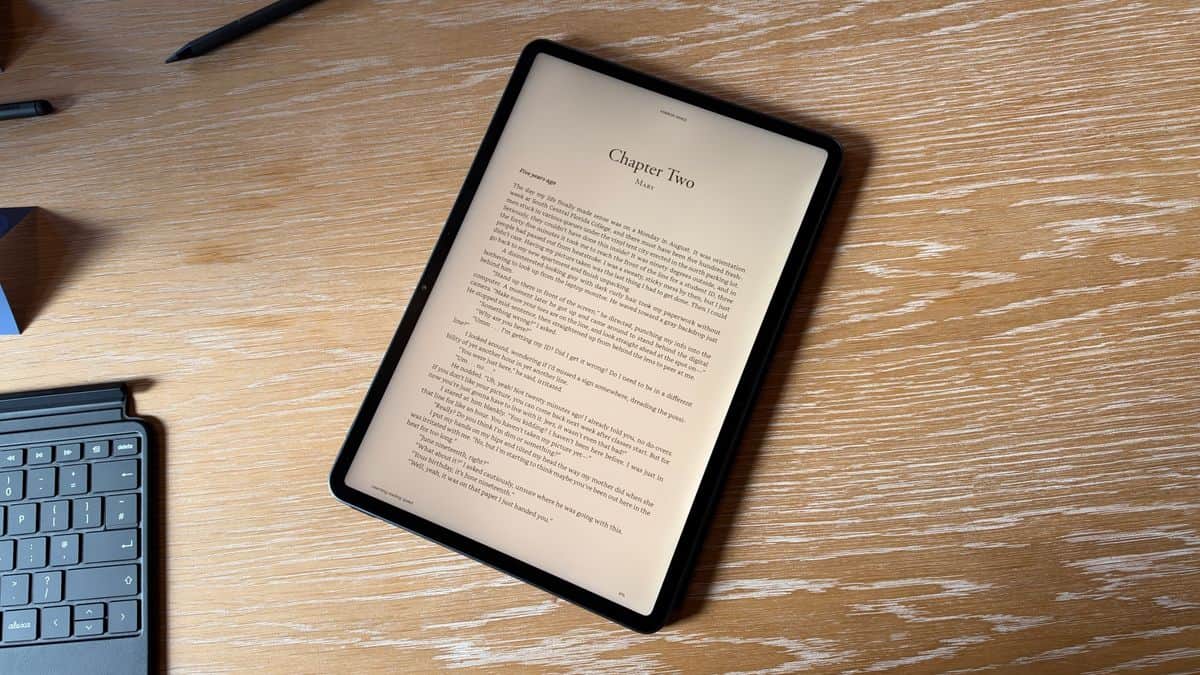 The Amazon Alexa Tab 12 Pro resting on a table — Kindle mode on the Amazon Alexa Tab 12 Pro. Image credit: Future
