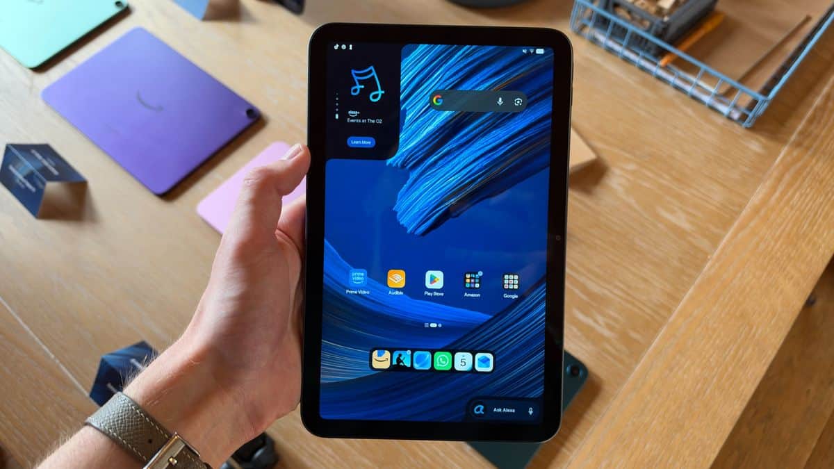 The Amazon Alexa Tablet 8 being held in the hand — The Dynamic Tab on the Amazon Alexa Tablet 8. Image credit: Future