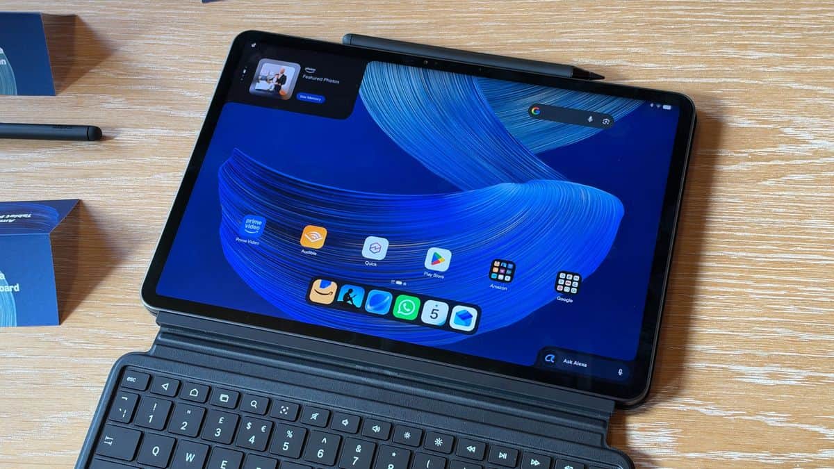 The Amazon Alexa Tablet 12 Pro resting on a table — The Alexa Tablet 12 Pro with the Alexa Tablet Pro Keyboard and Alexa Tablet Pro Pen. Image credit: Future