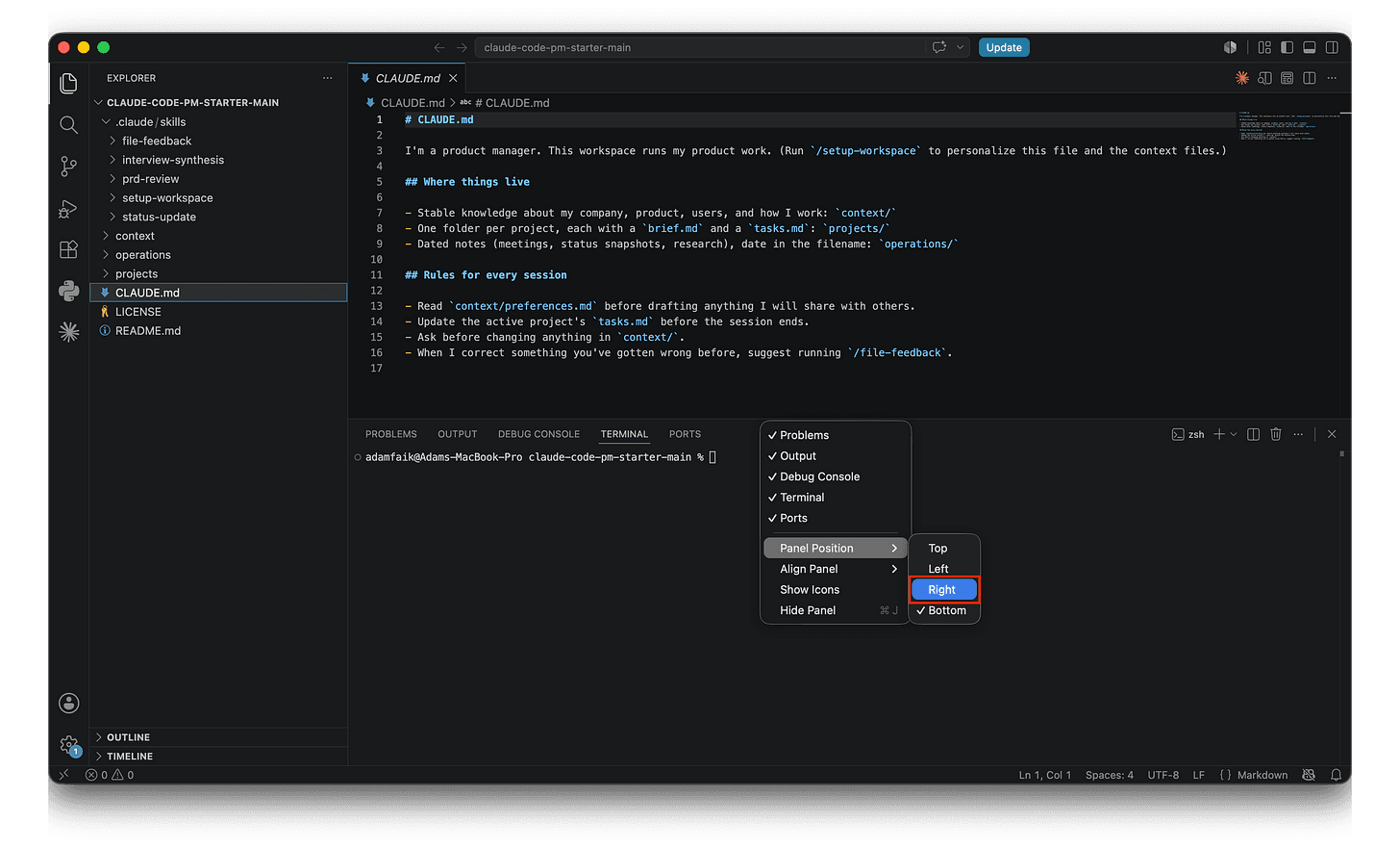 VS Code with the terminal panel open and its context menu showing Panel Position, with Right highlighted.