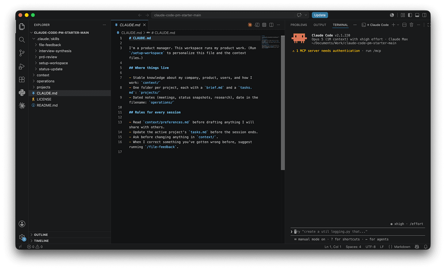 VS Code with the workspace files on the left and Claude Code running in a terminal moved to the right side.