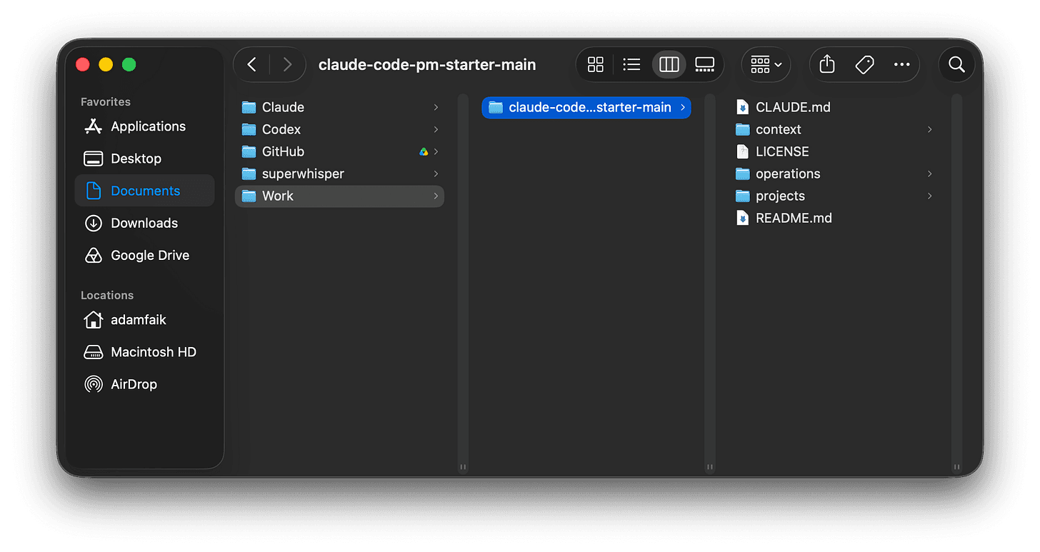 A macOS Finder window showing the unzipped claude-code-pm-starter-main folder in a Work folder, with CLAUDE.md, context, operations, projects, LICENSE, and README.md visible.