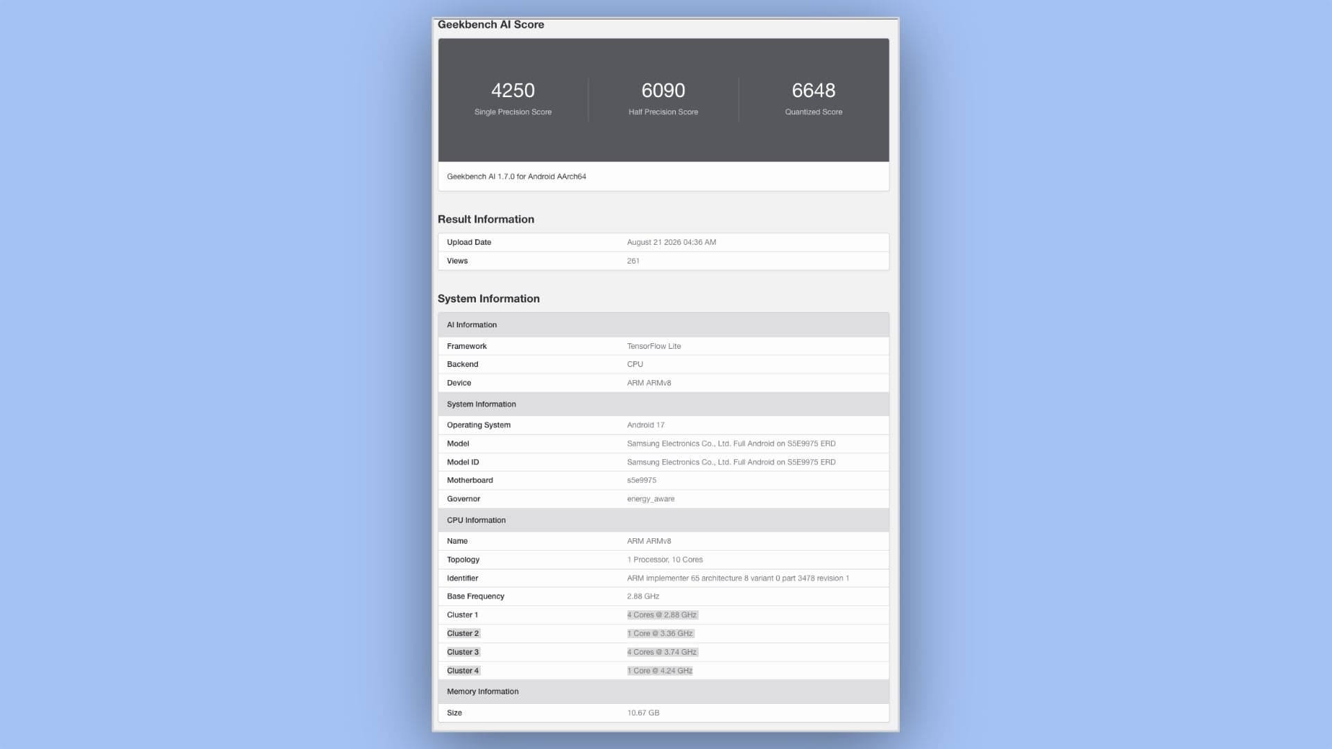Samsung Exynos 2700 Geekbench AI 1.7 performance score database