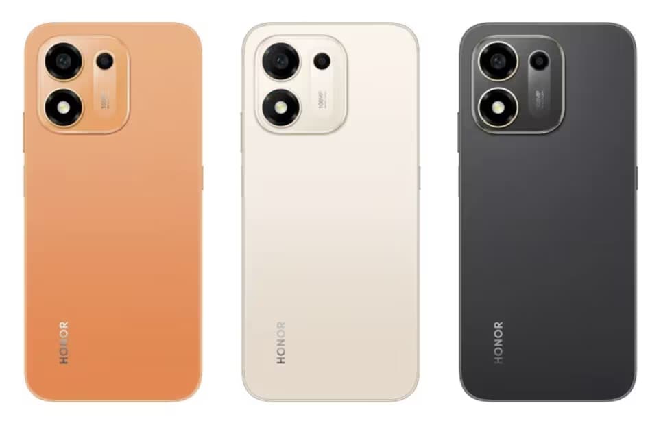 Three Honor X7e Plus smartphones in different colors showing their large camera modules