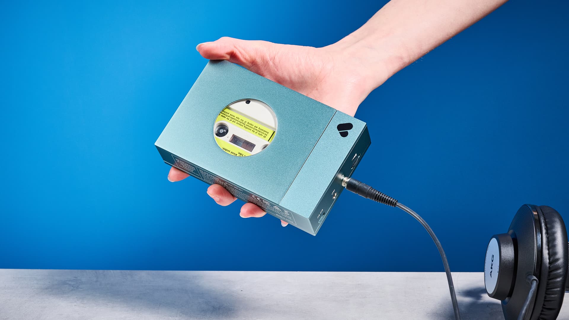 We Are Rewind Cassette Player in blue photographed in front of a blue background — Image credit: We Are Rewind