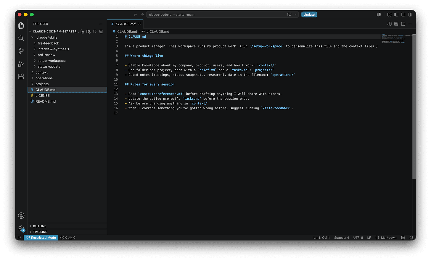 VS Code with the starter workspace open. The Explorer lists the .claude/skills folder, context, operations, projects, CLAUDE.md, LICENSE, and README.md, while CLAUDE.md is open in the editor.