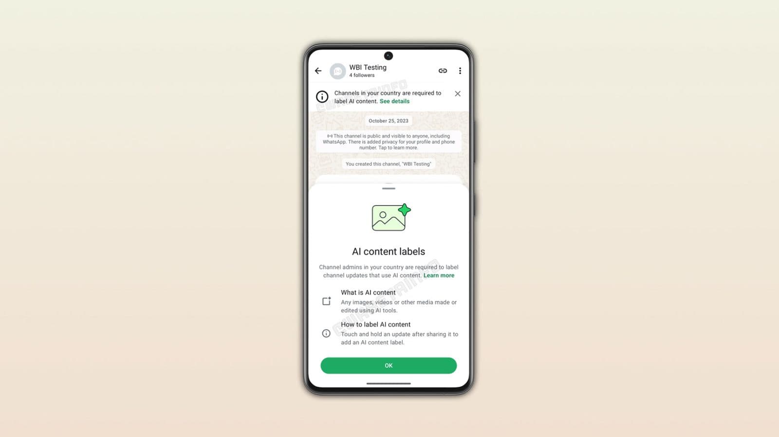 WABetaInfo image showing WhatsApp’s AI content label