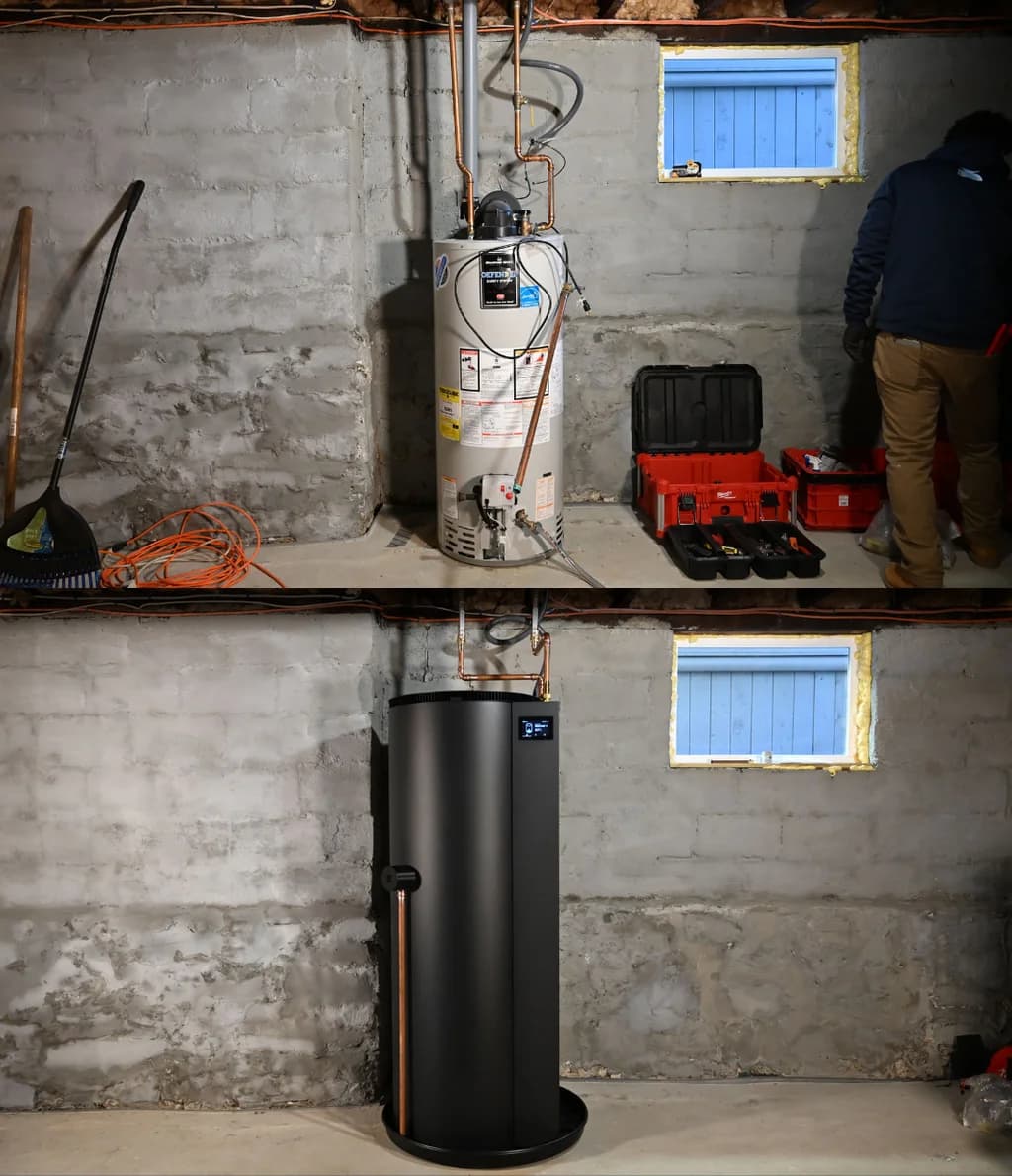 A typical water heater (top) and a Reservoir unit (bottom) — photos: Reservoir