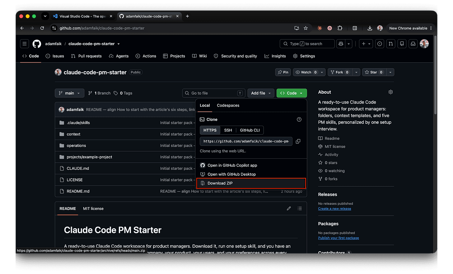 Screenshot of the claude-code-pm-starter repository on GitHub, with the green Code menu open and Download ZIP highlighted.