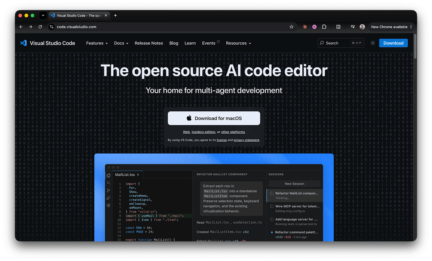 Screenshot of the VS Code download page with the download button for the user’s operating system highlighted.
