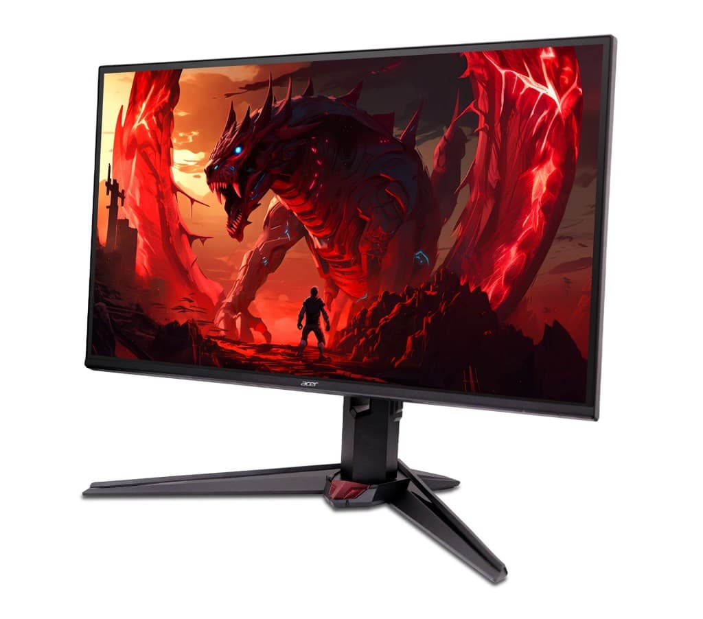 A gaming monitor displays a dramatic red dragon and silhouetted figure against a fiery background.