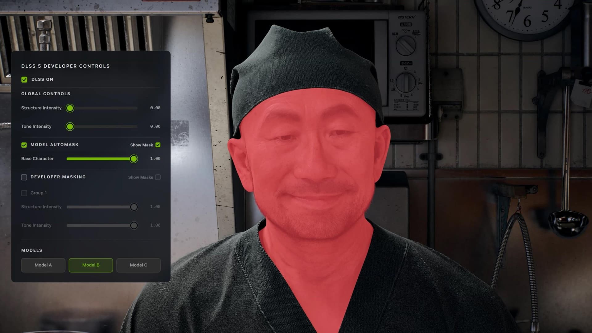 The automatic mask isolates a character’s face for selective DLSS 5 processing — Nvidia
