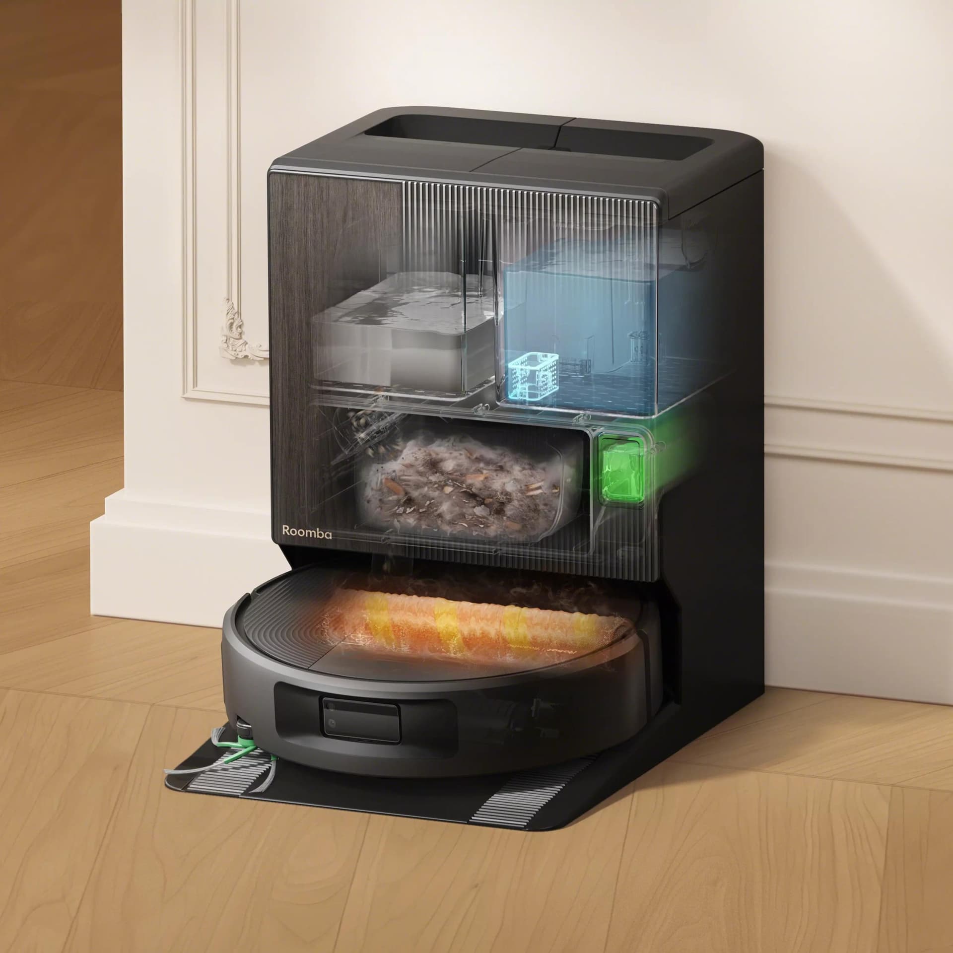 The auto-wash dock empties the bin and cleans and dries the mop.
