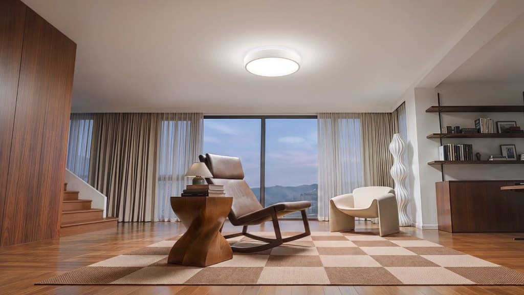 A modern living room featuring a cozy rocking chair, a sculptural side table, and a unique white chair. Large windows with sheer curtains allow natural light to fill the space, while a textured rug with a checkered pattern adds warmth to the hardwood floor.
