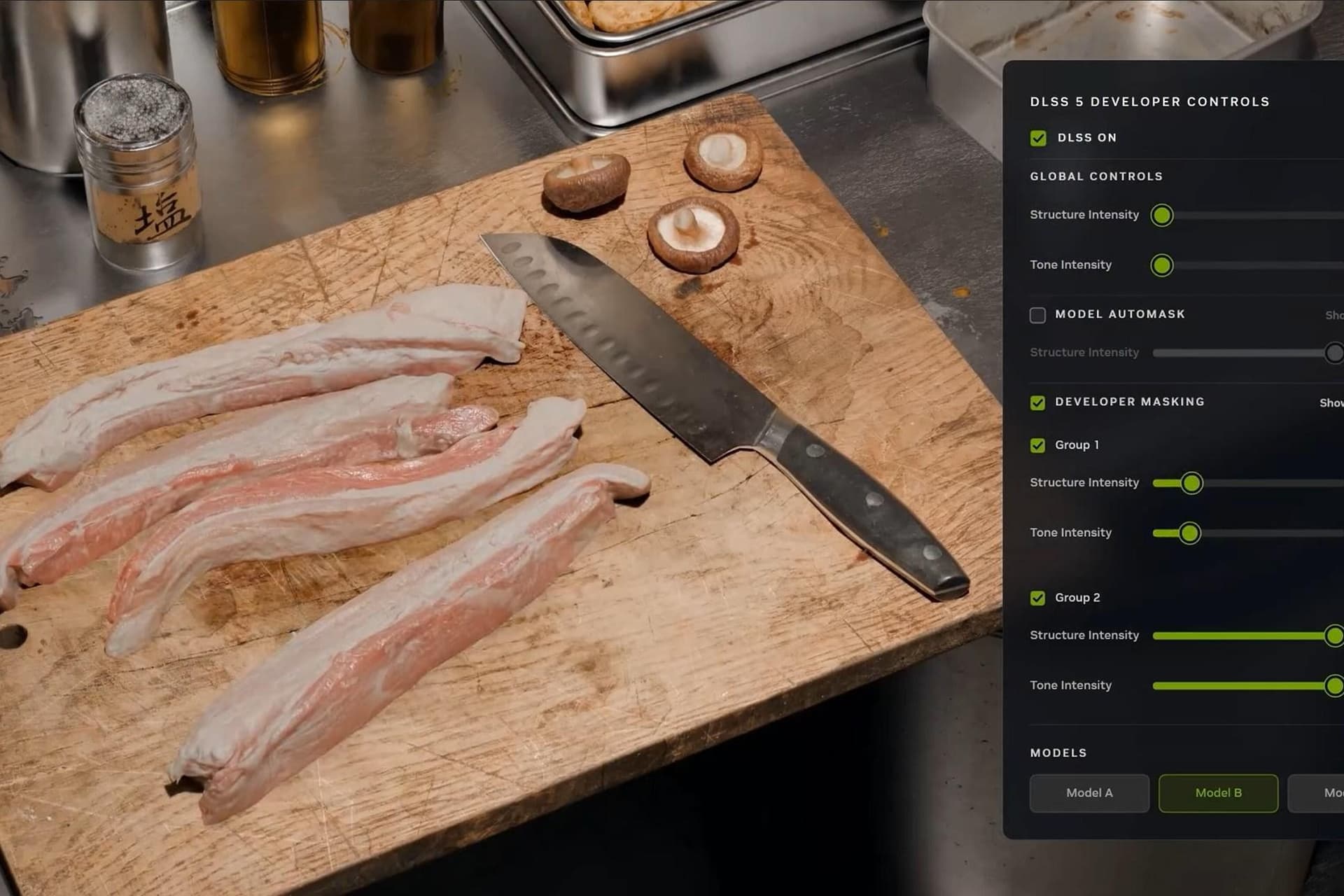 DLSS 5 comparison showing its effect on food and shadows — Nvidia
