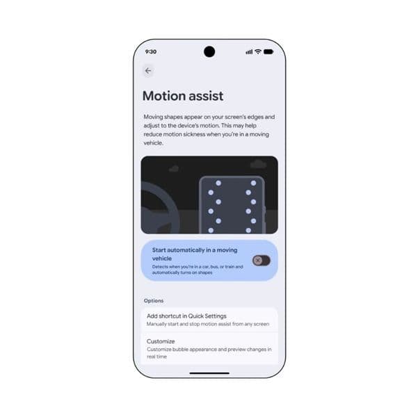 Google’s Motion Assist displays moving bubbles along the edge of an Android 17 phone to help reduce motion sickness — Image credit: Google