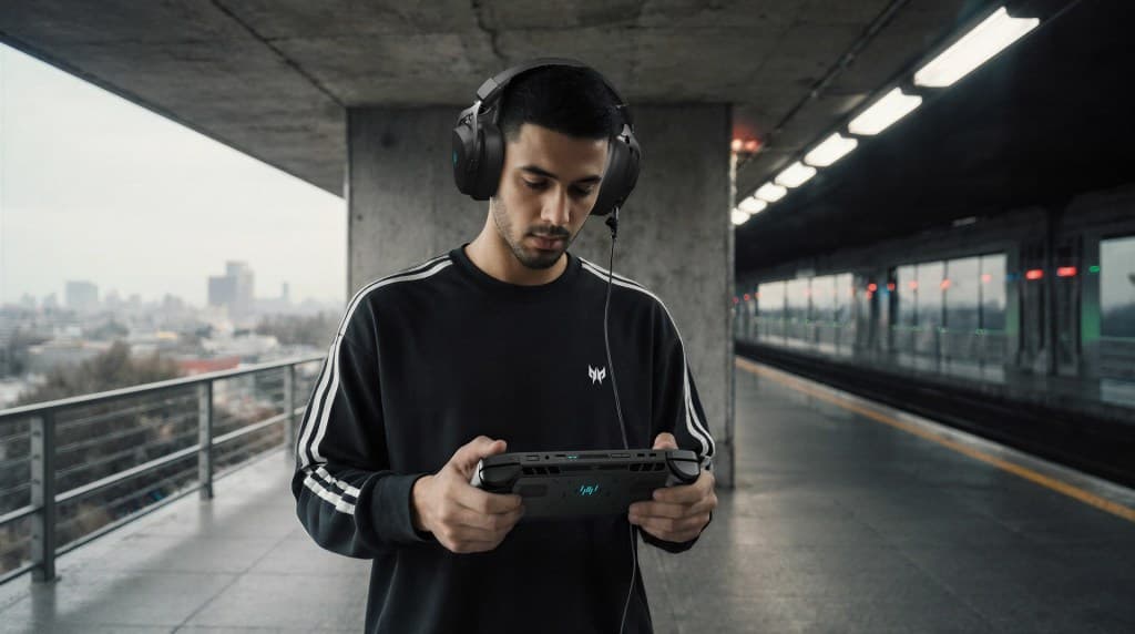 A young man wearing headphones stands at a subway station holding a handheld gaming device and looking at its screen.