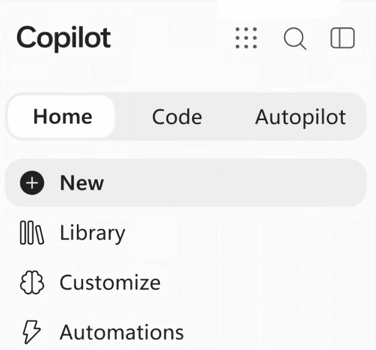 Microsoft Copilot snippet large — Microsoft’s new menu options for the Copilot application.