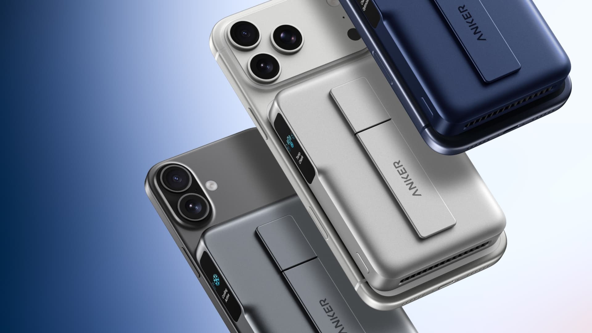 The Anker MagGo Power Bank Pro 2 on the back of three smartphones — Image credit: Anker