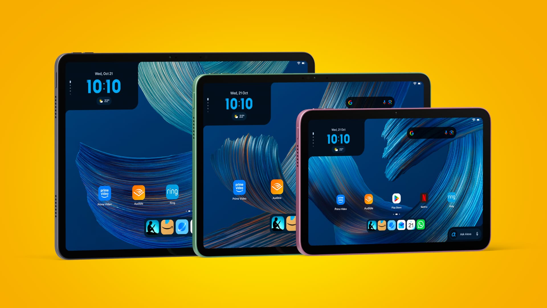 The full Amazon Alexa Tablet range on a yellow background — The full Amazon Alexa Tablet range. Image credit: Amazon / Future