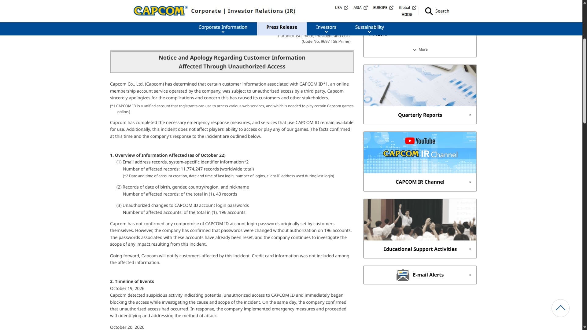 Capcom investor relations webpage displays a formal apology over customer data exposed by unauthorized access, with a serious, official tone. — Capcom’s official announcement of the data breach. Image credit: Capcom